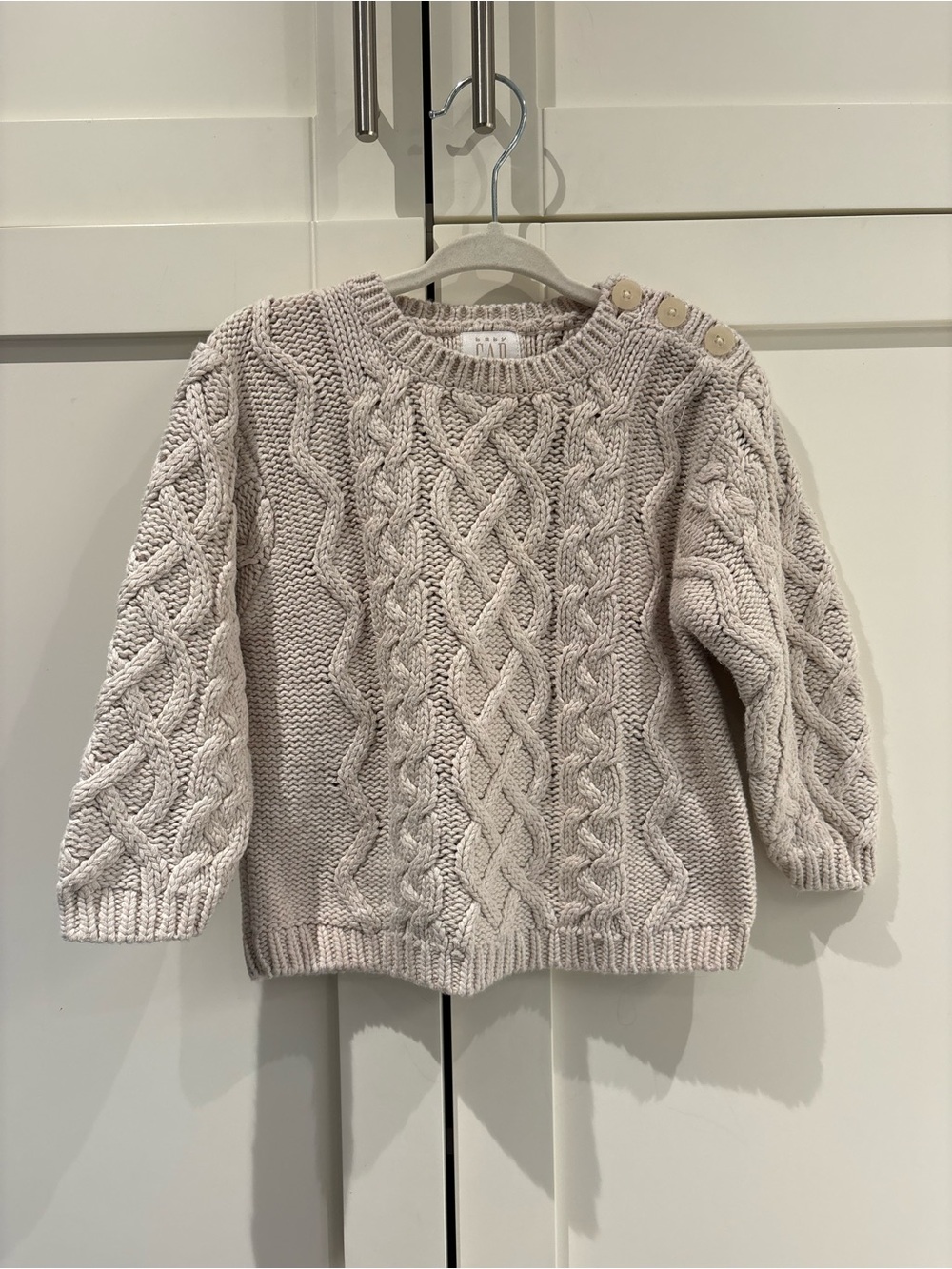 VTG Gap Cream Chunky Cable Knit Sweater with Shoulder Buttons - 12-24 months